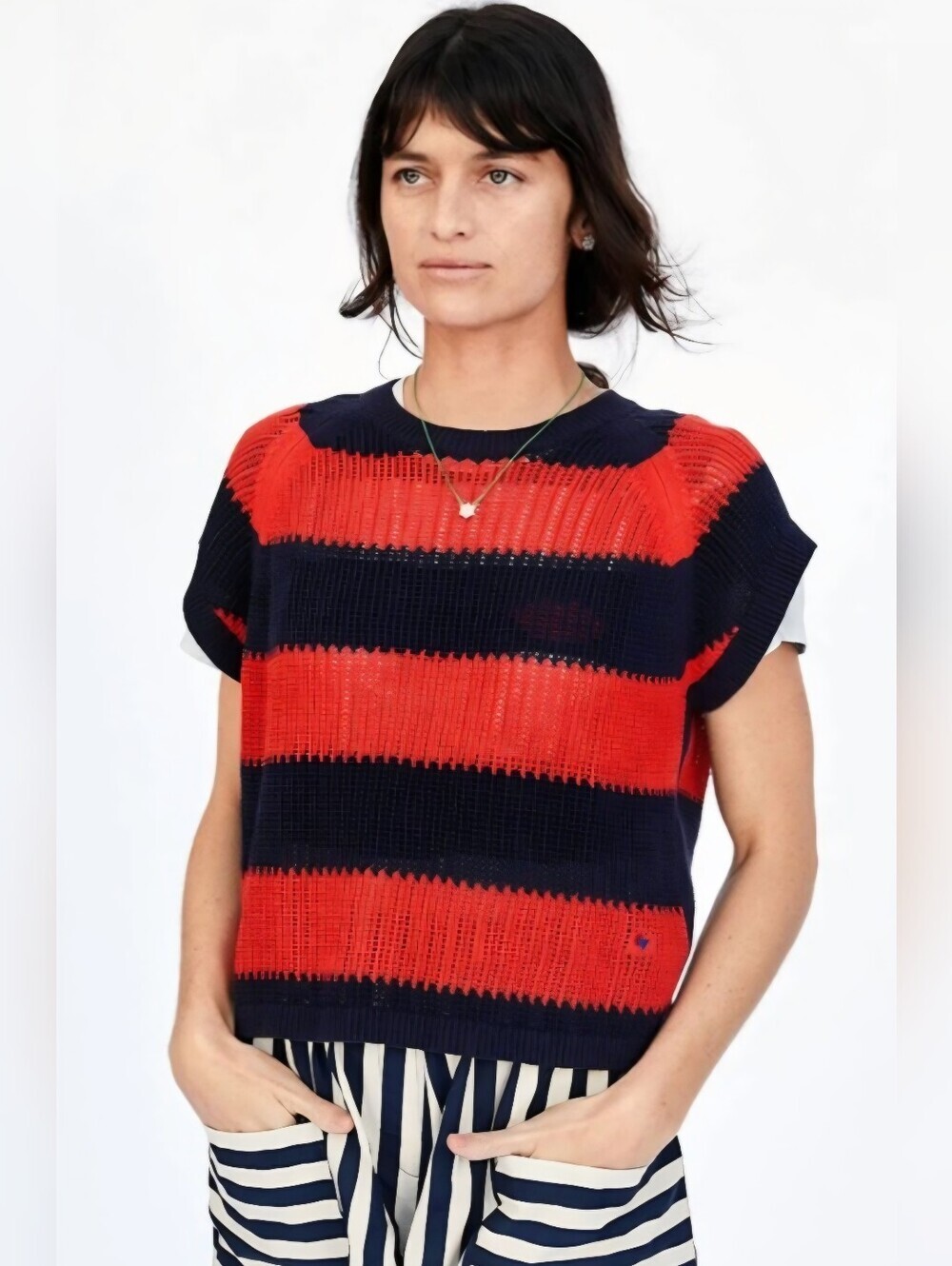 Clare V. Raglan Open Weave Sweater Vest Small Navy & Poppy Stripe Preppy